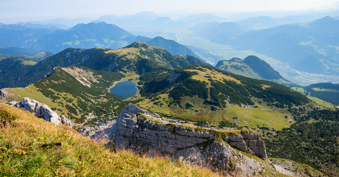 view from Rofan mountain summit to Inntal valley and lake Zireiner See. austria tyrol