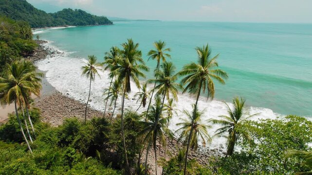 Tropical shoreline with palm trees and ocean wave on sunny day in a remote coast of Costa Rica