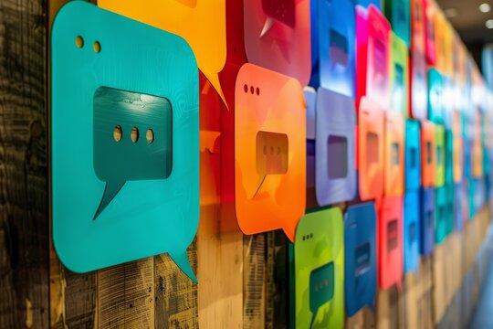 Colorful speech bubbles are creating connections and digital dialogue on a wooden background
