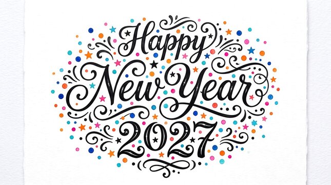 Elegant calligraphy text for happy new year 2027 with colorful confetti on white background