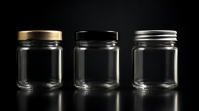 Three empty glass jars with metallic lids on dark surface.
