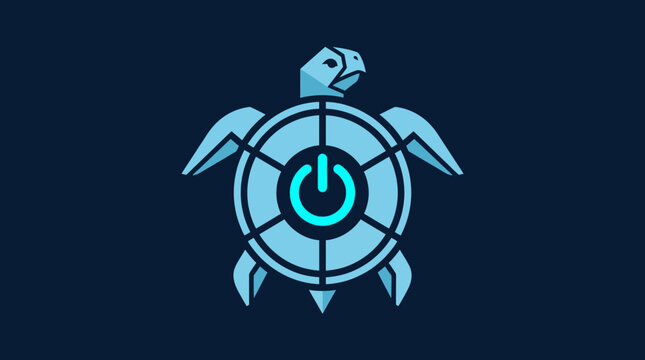 Blue turtle logo with power button symbol on shell.