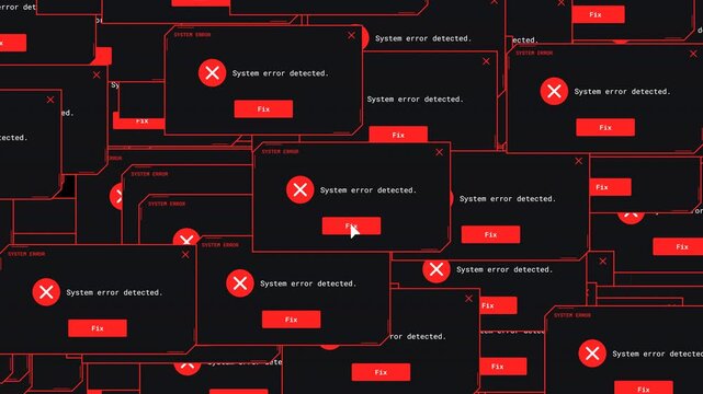Cybersecurity system error windows, red glitch alert popup, hacking virus
