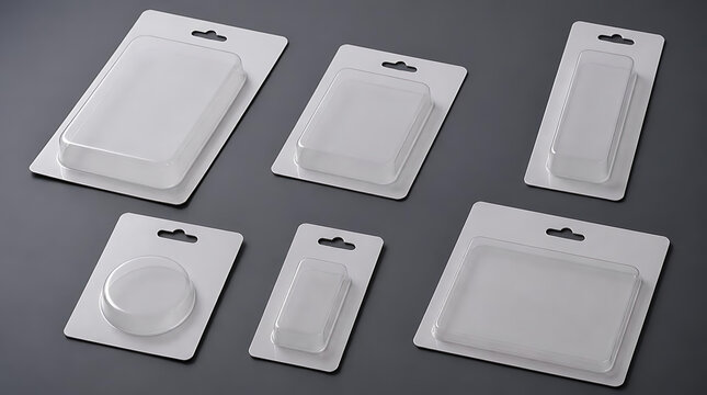 Various white plastic blister packaging containers with hooks.
