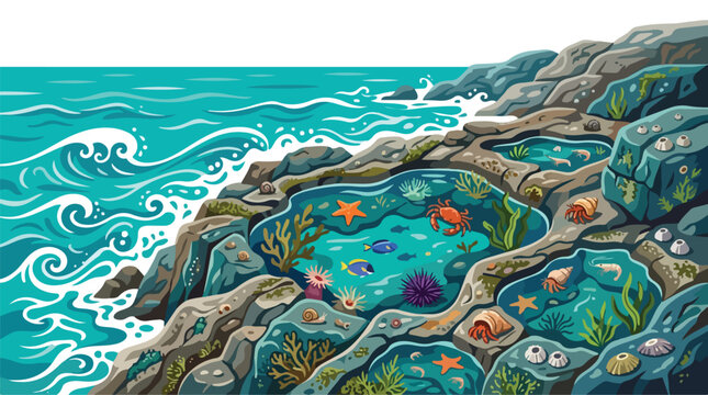 Marine life swimming in rocky tide pools along the ocean shore