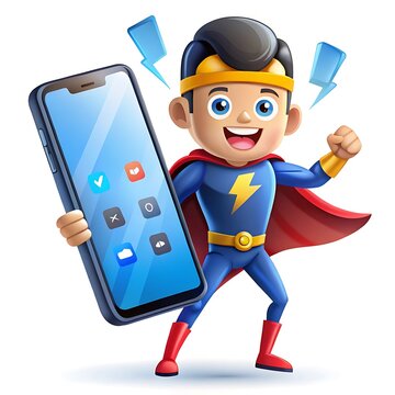 Energetic superhero holding a smartphone with mobile app icons in a conceptual illustration tech support cartoon character