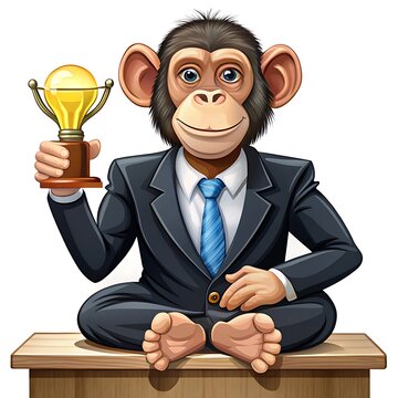 Smart chimpanzee wearing a business suit and sitting on a table holding a lightbulb trophy with smart monkey