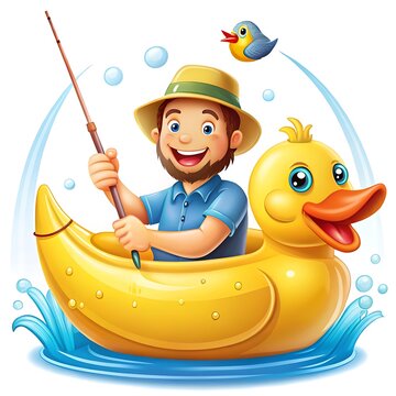 Happy fisherman sitting in a large rubber duck boat on water with a fishing rod funny man cartoon character water splash