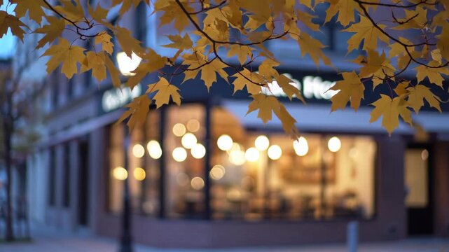 Golden maple branches hang above a softly blurred storefront at dusk, pairing crisp fall foliage with warm indoor orbs, cool blue surroundings, and a tranquil contemporary city frontage at twilight.