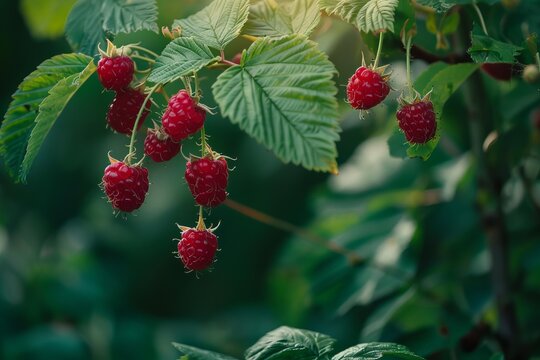 Close up of ripe red raspberries hanging on a branch, illuminated by summer sunlight, ready for harvest