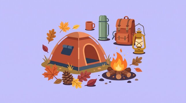 Autumn Camping Adventure Icon with Tent, Lantern and Fallen Leaves, isolated flat outdoor composition on pastel background