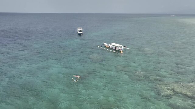 Aerial view of natural landscape of the Turtle shore over Gili Tranwangan island in Lombok, Indonesia
