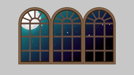 Obraz premium Arched Windows with Full Moon and Starry Night Sky View