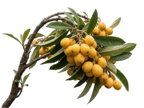 Ripe golden loquat fruit clusters growing on a leafy branch isolated on transparent background for gourmet imagery