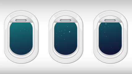 Naklejka premium Three Airplane Windows Looking Out at a Starry Night Sky