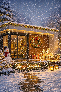A home decorated for Christmas with festive decorations, including a Christmas tree and a lit-up Santa Claus on the door. The scene includes snow falling, adding to the festive atmosphere.