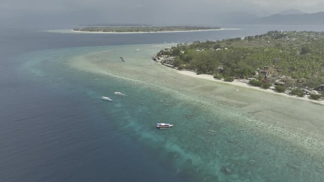 Aerial view of natural landscape of the Turtle shore over Gili Tranwangan island in Lombok, Indonesia