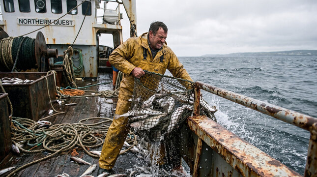 Commercial Fisherman Hauling a Net Full of Fresh Fish on a Working Boat at Sea