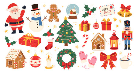 Fototapeta premium Christmas holiday set with Santa Claus snowman tree gift and nutcracker