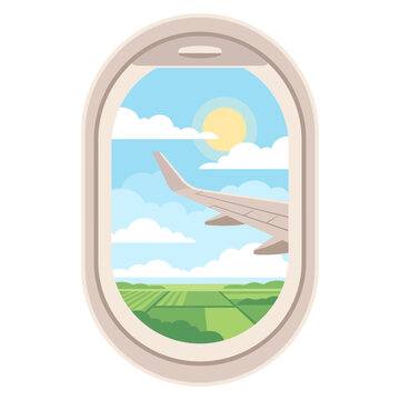 Airplane window view with wing over green landscape and sunny sky