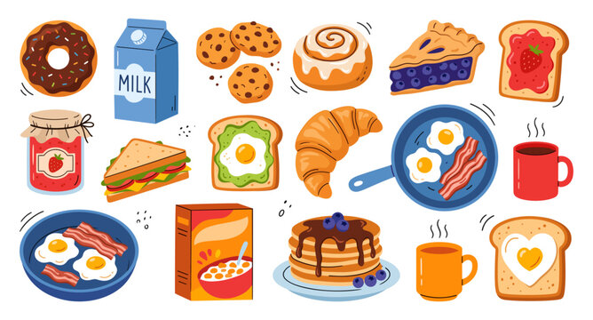 Breakfast and bakery food set with pancake egg bacon toast and coffee