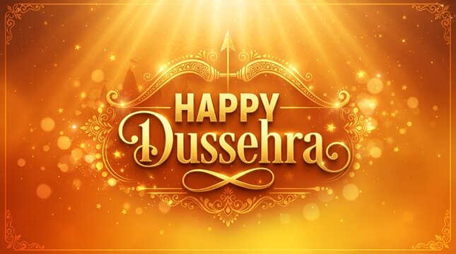 Happy Dussehra Golden Calligraphy with Bow and Arrow, Festive Orange Background