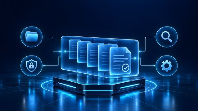 High tech glowing digital document archive enclosed in virtual server box with connected security and search management icons