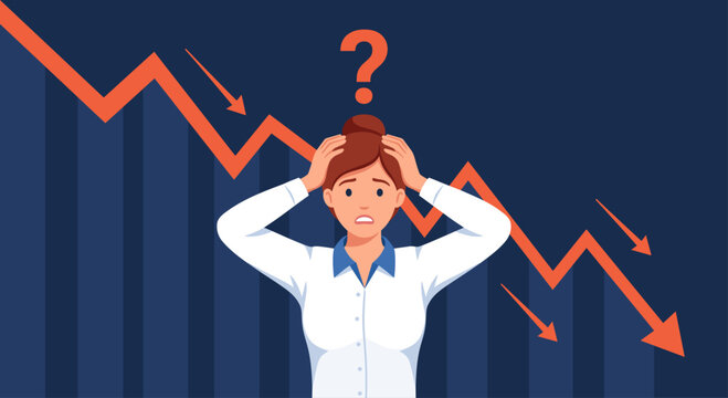 Stressed businesswoman facing financial crisis and market crash