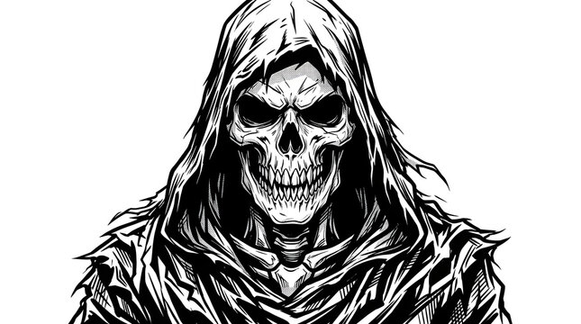Scary Halloween Monster Black and White Portrait of a Man with Skull and Skeleton Features, Gothic Horror Cartoon Vector Illustration with Tattoo, Grunge and Tribal Art Style