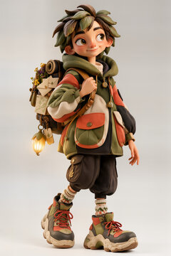 Cute 3D Young Forest Explorer Character with Backpack and Leaves