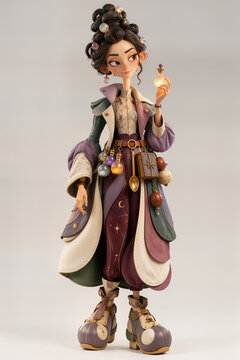 Fantasy Alchemist Woman Character Holding Glowing Potion Bottle
