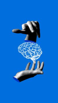 Collage with halftone hands and human brain. Knowledge concept. Idea generation. Concept of artificial intelligence. Brain pulsating in hands. Mind control. Animation. Vertical video