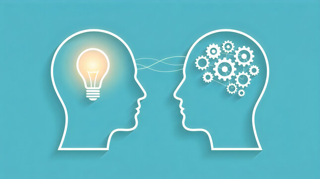 Two heads with light bulb and gears representing creativity and innovation illustration