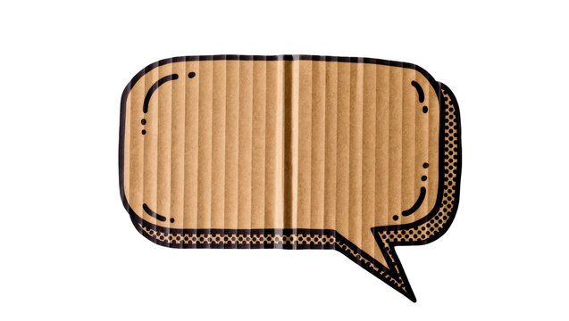 Handcrafted corrugated cardboard speech bubble with dotted outline, isolated on transparent background