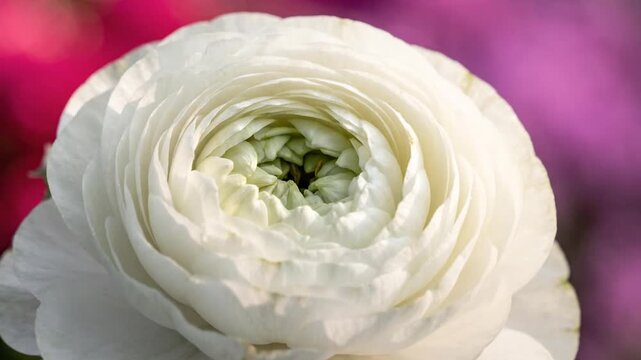 White ranunculus flower bloom on soft purple background.