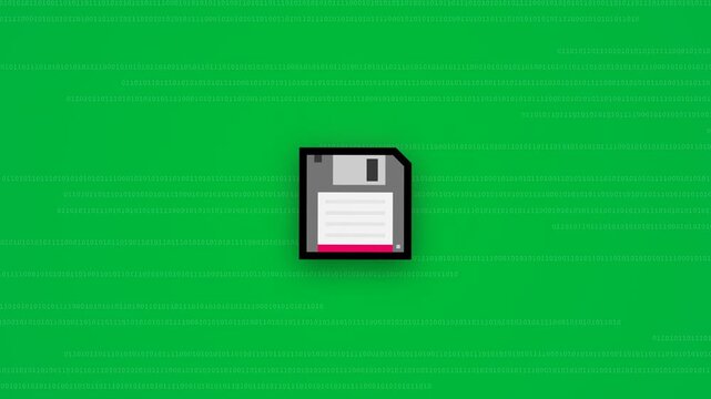 Retro pixel art floppy disk icon on green digital background