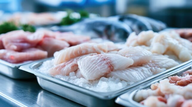 Fresh seafood displayed on ice in stainless steel trays, featuring various fish fillets and shellfish in a commercial kitchen setting