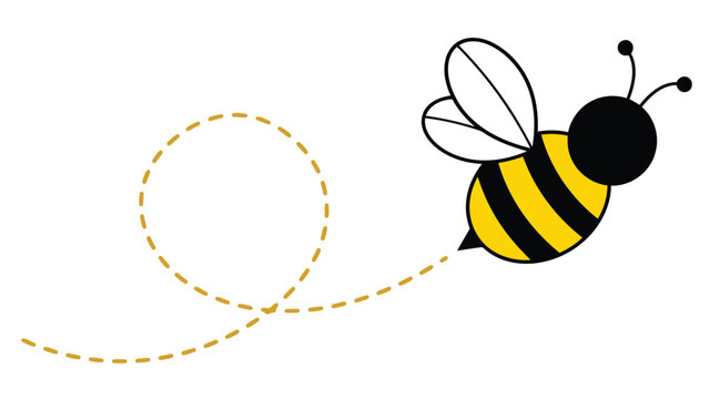 Cartoon bee flying with dotted path trail illustration for educational or design purposes