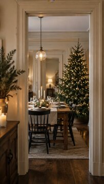 Christmas dining room with a beautifully set table, decorated tree, and warm lighting, viewed through an open doorway with greenery and candles in the foreground