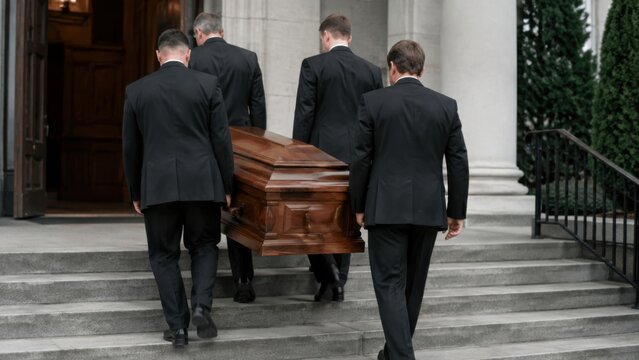 Four men in black suits carrying a wooden coffin down the steps of a funeral home, with a solemn atmosphere and greenery in the background