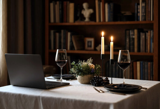 Elegant dinner setup with a laptop wine glasses and candles on a table with bookshelf background