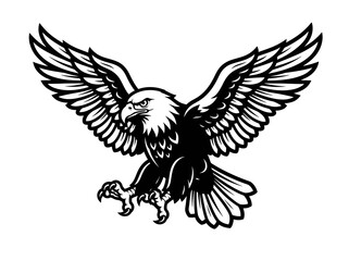 Obraz premium Eagle mascot illustration in flight with spread wings and sharp talons isolated on a clean white background.