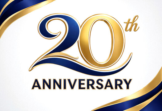 Elegant golden and blue twentieth anniversary celebration design with stylish typography and ribbon