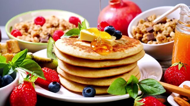 Pancakes Stack with Honey Butter pouring,  Berries and Granola Healthy Breakfast Table