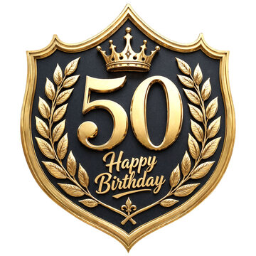 Elegant golden fifty 50th birthday emblem with crown and laurel leaves design