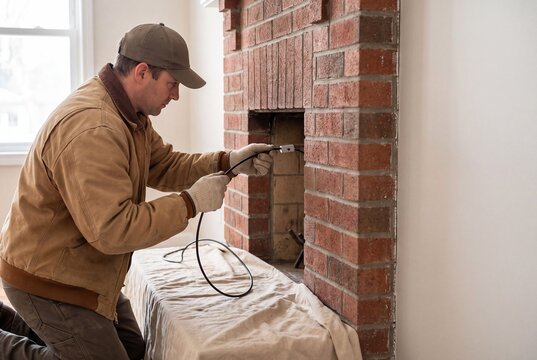 Technician using inspection camera inside brick chimney flue