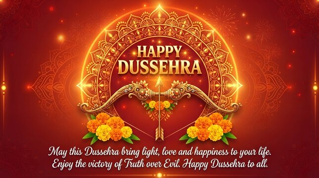 Greeting card with bow for Navratri festival with hindi text meaning Dussehra (Hindu holiday Vijayadashami). Vector illustration