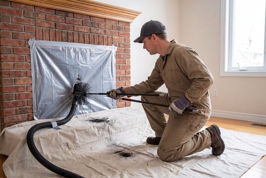 Professional cleaning residential brick fireplace flue