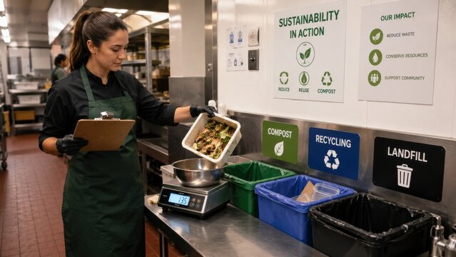Sustainability efforts in a commercial kitchen with staff sorting food waste and recycling materials