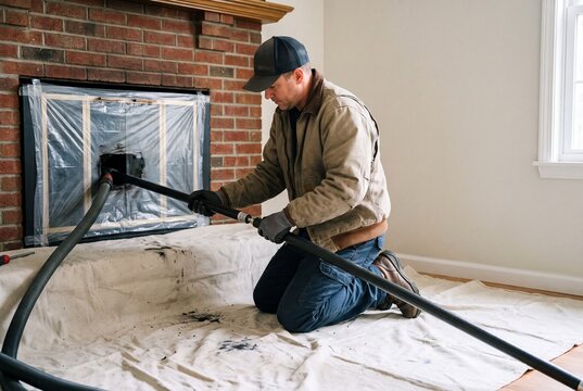 Residential chimney flue soot removal with vacuum equipment